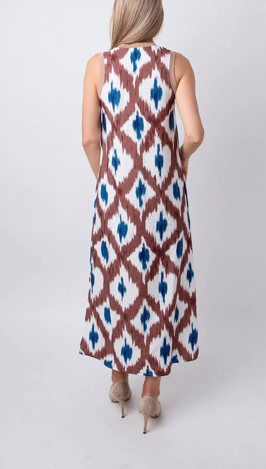 Robe midi femme imprimé marron bleu col V sans manches | ROBEMODE