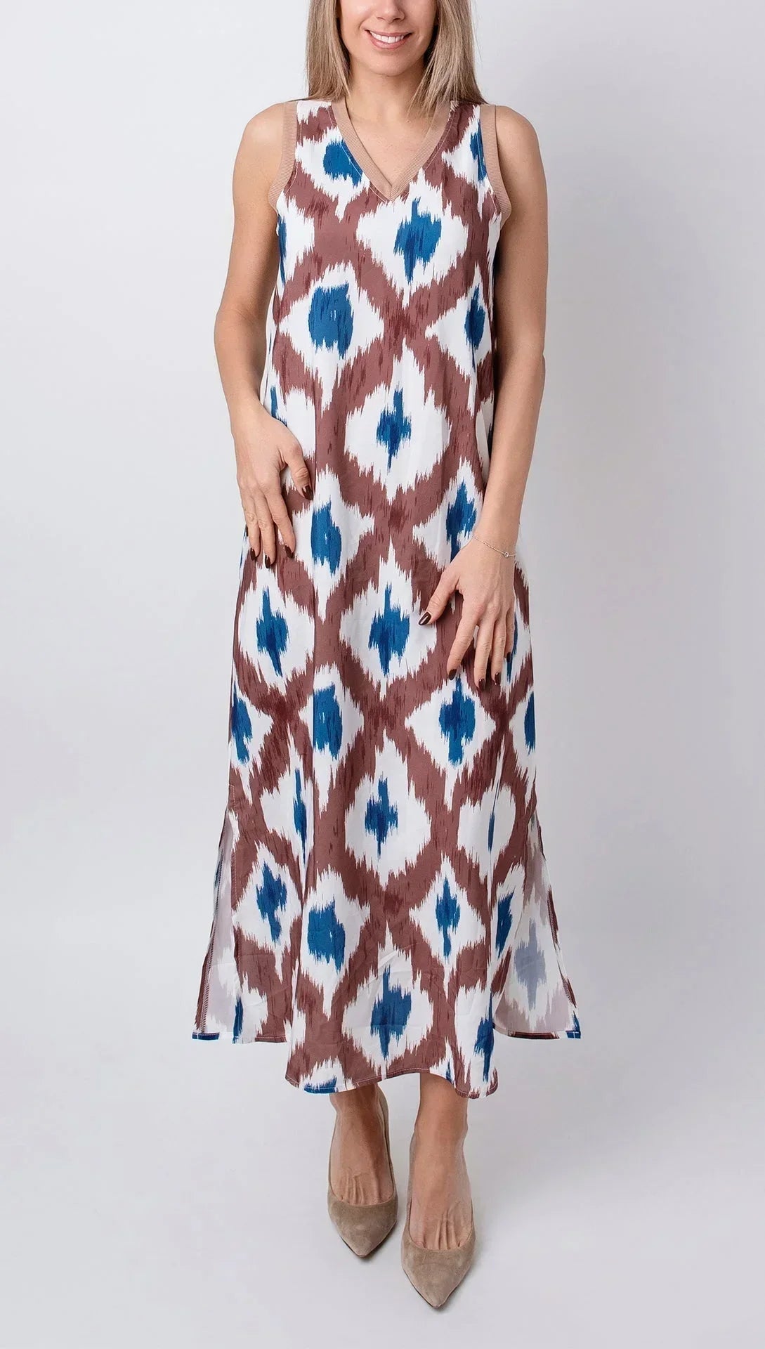 Robe midi femme imprimé marron bleu col V sans manches | ROBEMODE