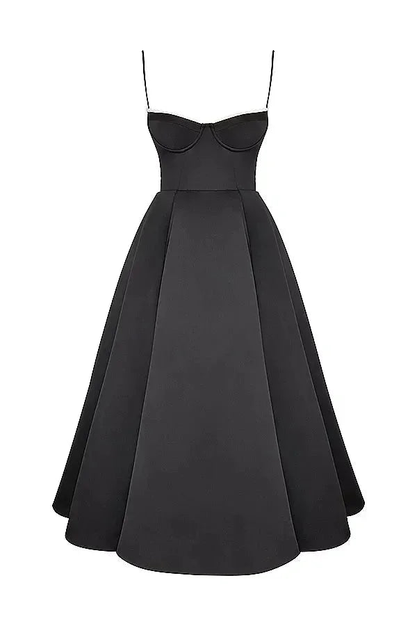 Robe Midi Noire Satinée Bretelles Fines Tulle Crème 1 Coloris | ROBEMODE