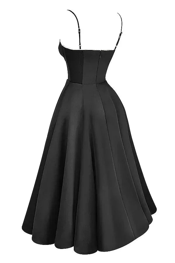 Robe Midi Noire Satinée Bretelles Fines Tulle Crème 1 Coloris | ROBEMODE