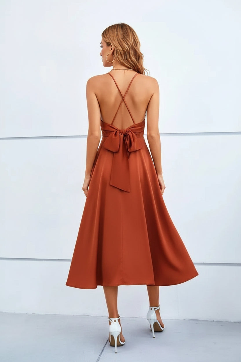 Robe Midi Satinée Col V Bretelles Ajustables Soirée 1 Coloris | ROBEMODE