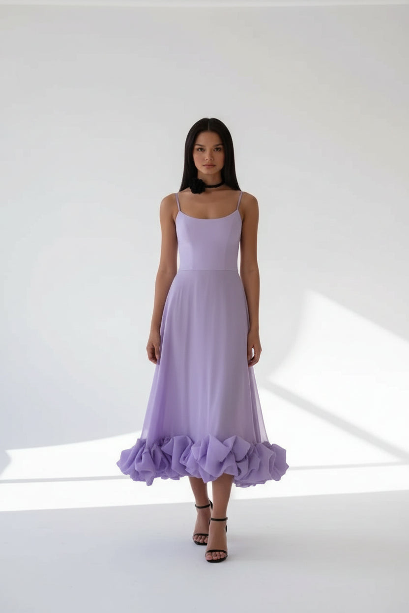 Robe Midi Femme Volants Bretelles Fines 2 Coloris | ROBEMODE