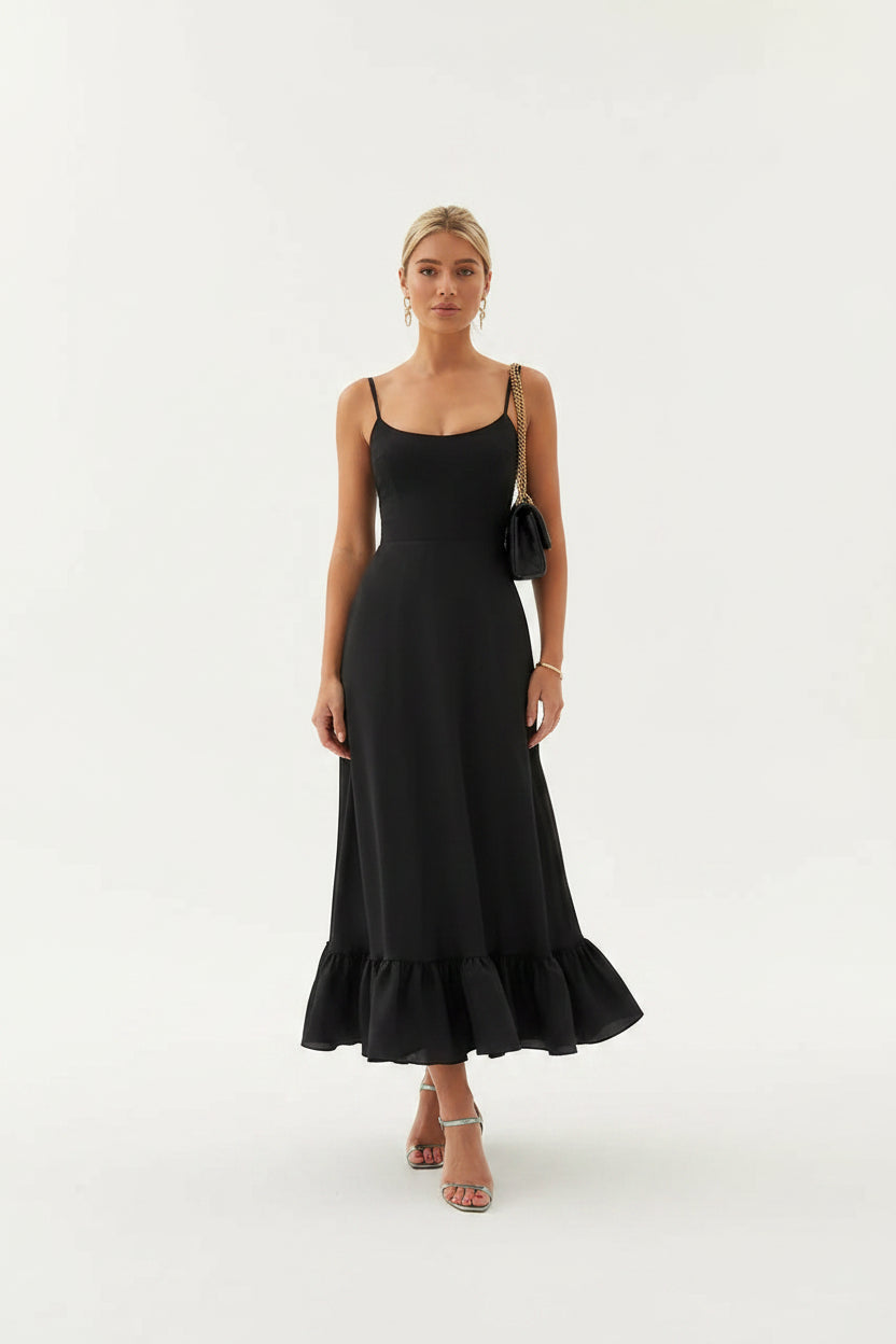 Robe Midi Femme Volants Bretelles Fines 2 Coloris | ROBEMODE