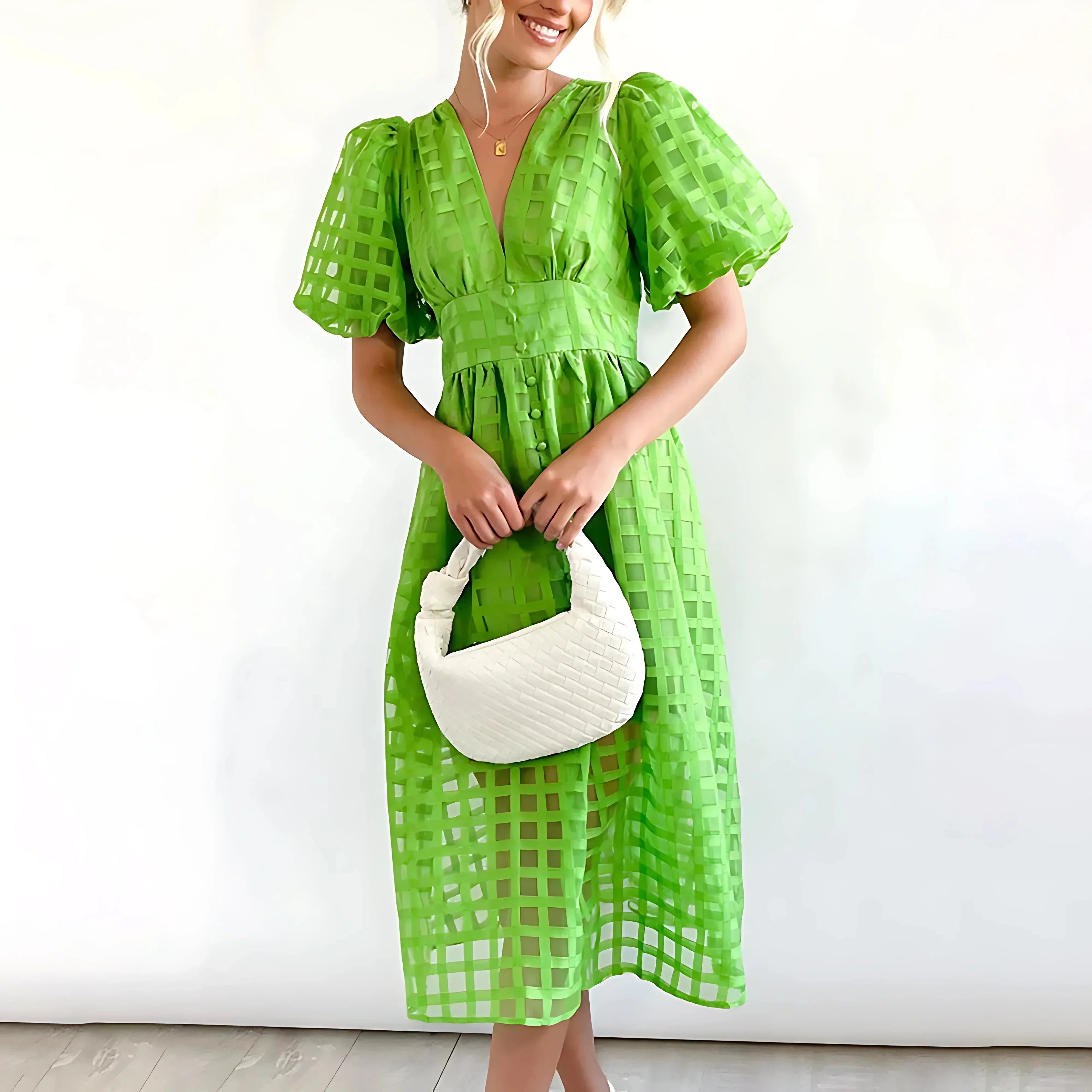 Robe Midi Ajourée Manches Courtes Col V 2 Coloris | ROBEMODE