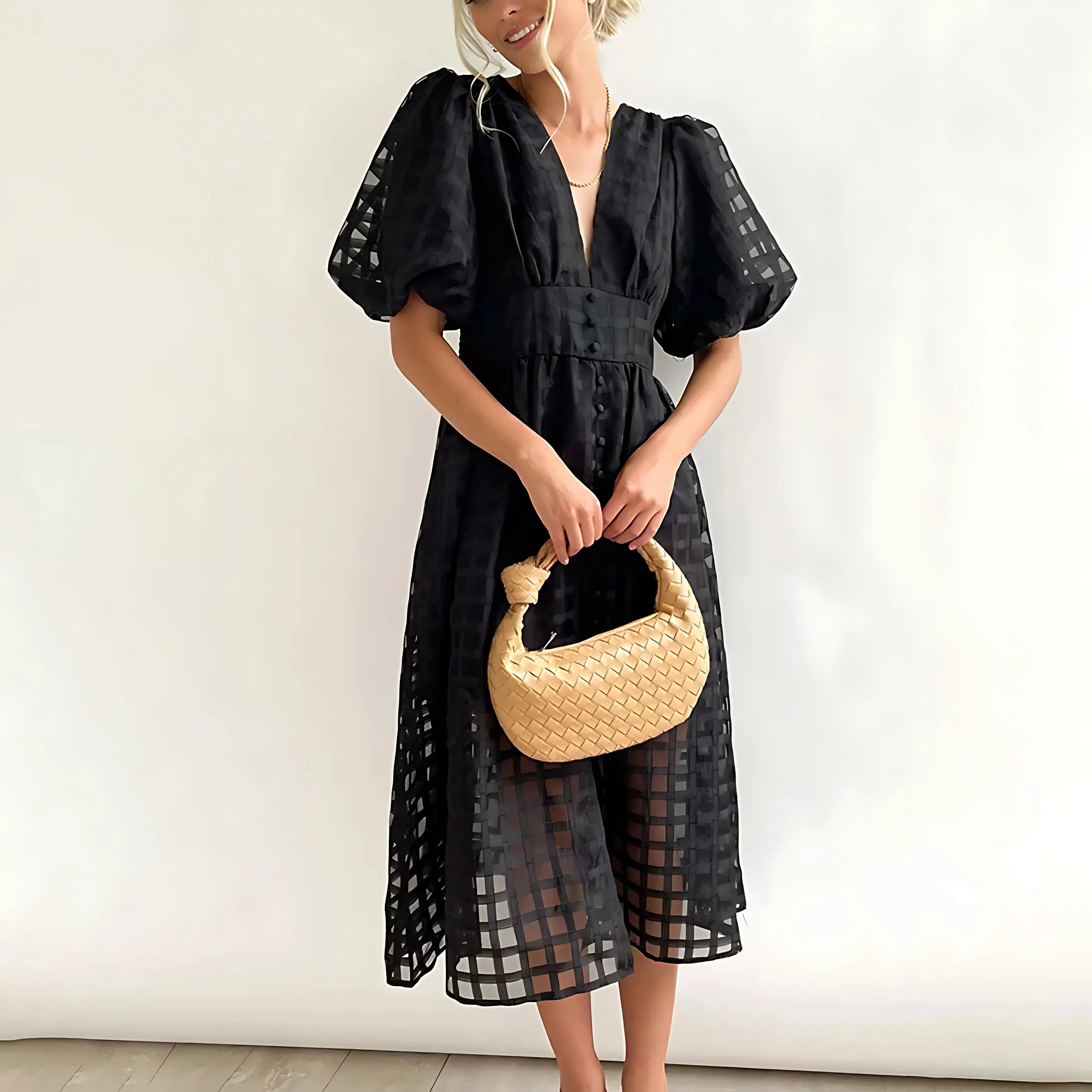 Robe Midi Ajourée Manches Courtes Col V 2 Coloris | ROBEMODE