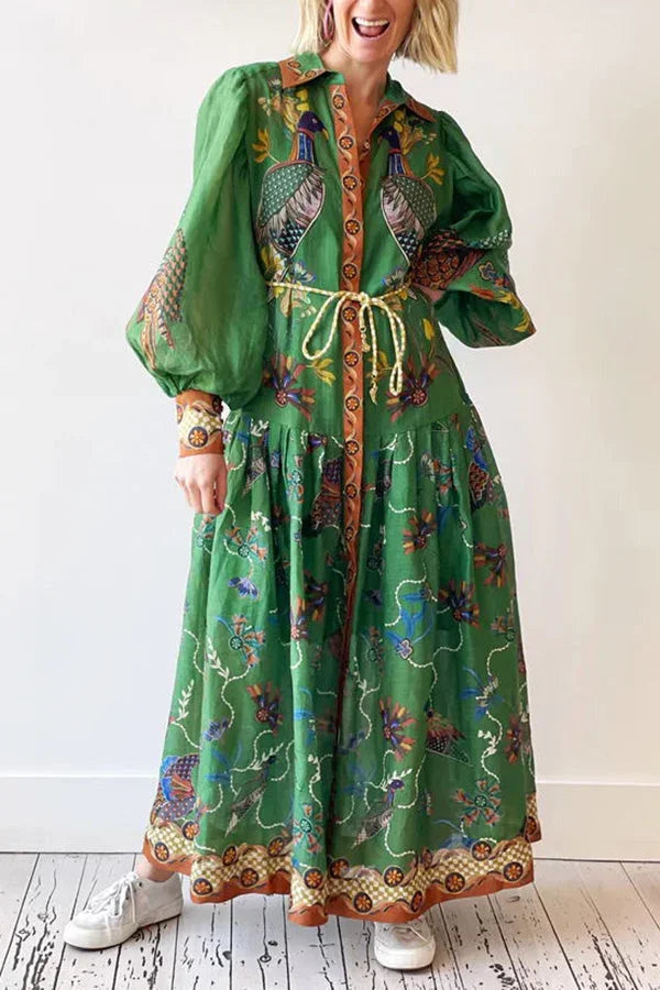 Robe midi femme verte imprimé oiseaux manches longues