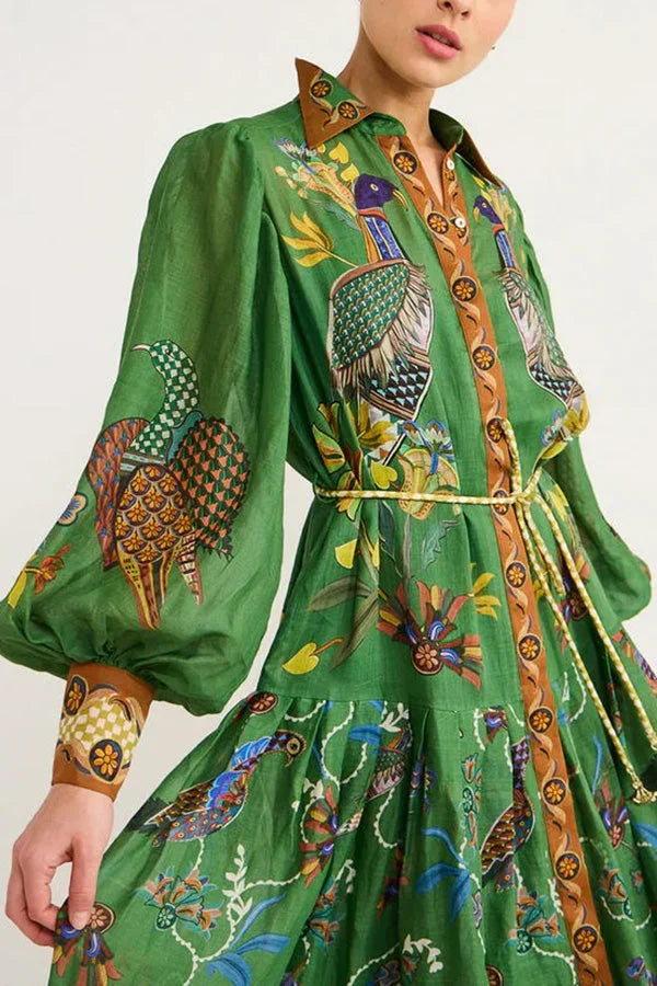 Robe Midi Verte Imprimé Oiseaux Manches Longues Col Chemise | ROBEMODE