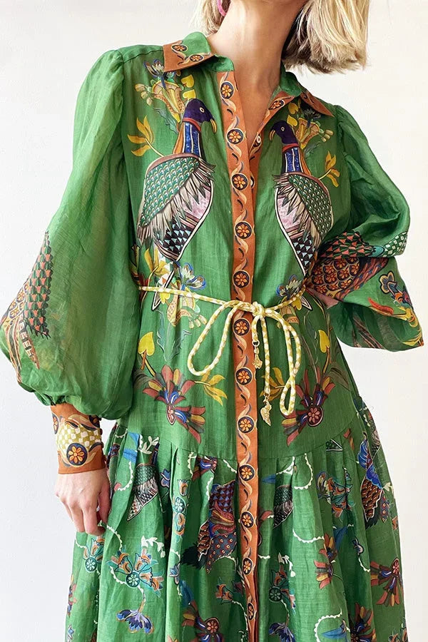 Robe Midi Verte Imprimé Oiseaux Manches Longues Col Chemise | ROBEMODE
