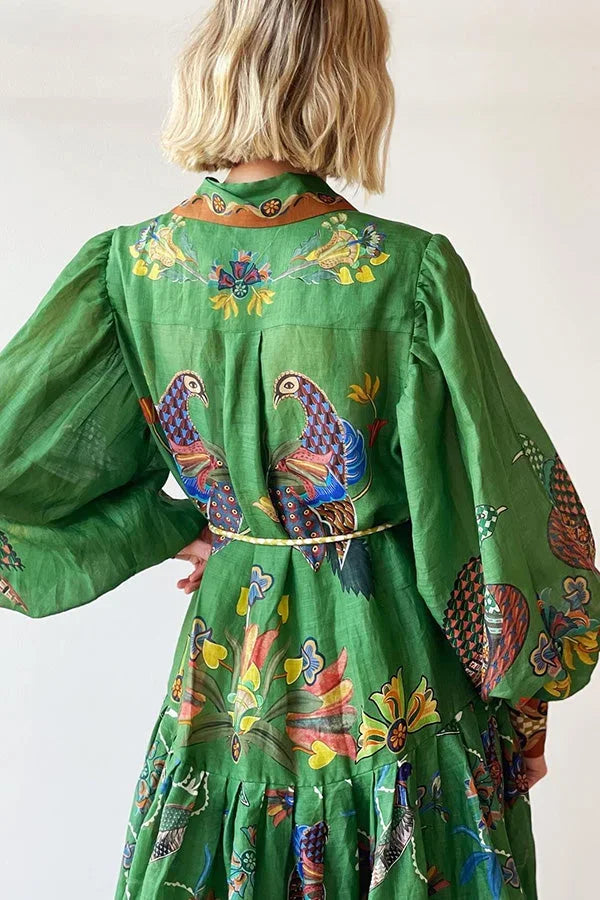 Robe Midi Verte Imprimé Oiseaux Manches Longues Col Chemise | ROBEMODE