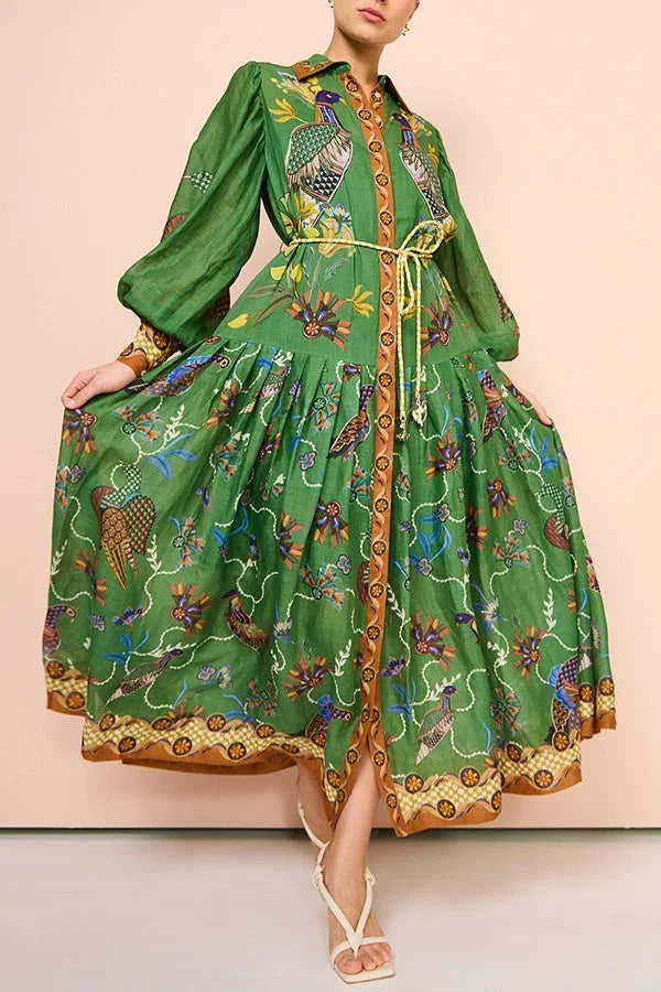 Robe Midi Verte Imprimé Oiseaux Manches Longues Col Chemise | ROBEMODE