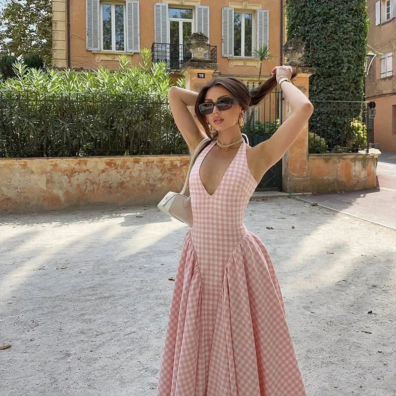 Robe midi femme vichy rose col V été | ROBEMODE