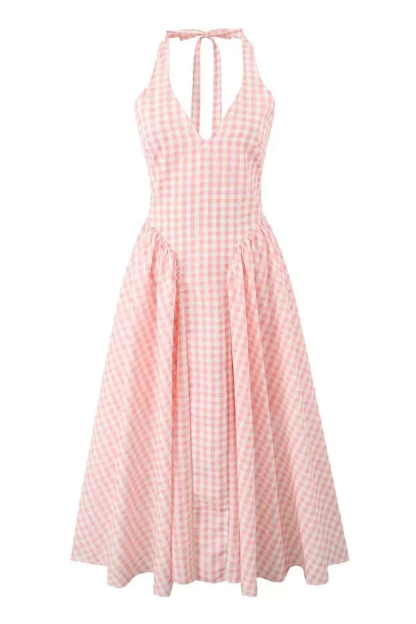 Robe midi femme vichy rose col V été | ROBEMODE