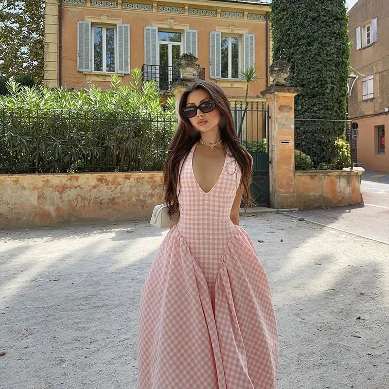 Robe midi femme vichy rose col V été | ROBEMODE
