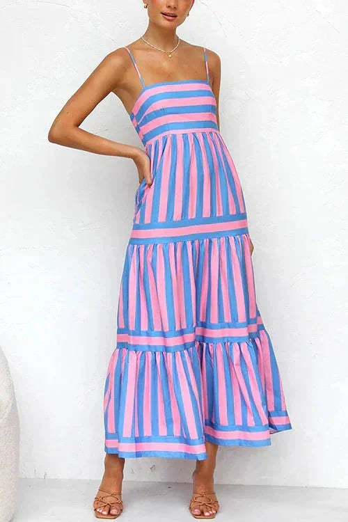 Robe midi femme à rayures volants bretelles été | Coupe féminine + Style élégant + Facile à accessoiriser – ROBEMODE