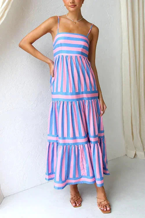 Robe midi femme à rayures volants bretelles été | Coupe féminine + Style élégant + Facile à accessoiriser – ROBEMODE