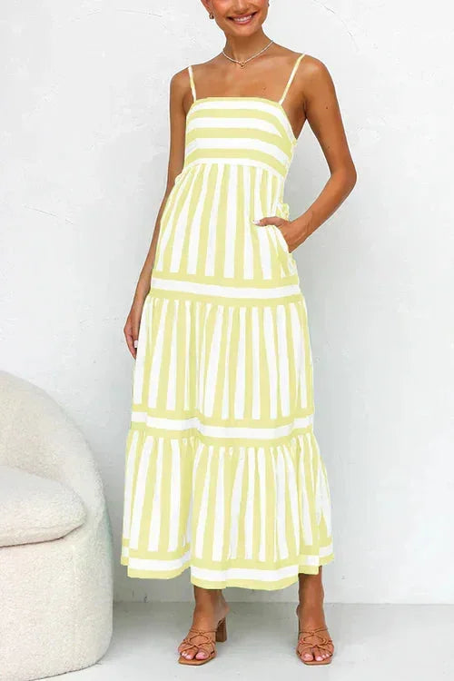 Robe midi femme à rayures volants bretelles été | Coupe féminine + Style élégant + Facile à accessoiriser – ROBEMODE