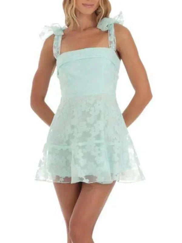 Robe courte femme A-ligne avec nœuds épaules et dentelle | ROBEMODE