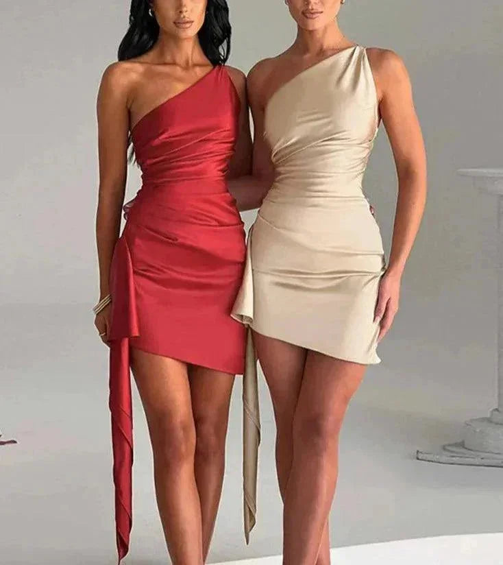 Robe Courte Femme Asymétrique Drapée Une Épaule Soirée | ROBEMODE