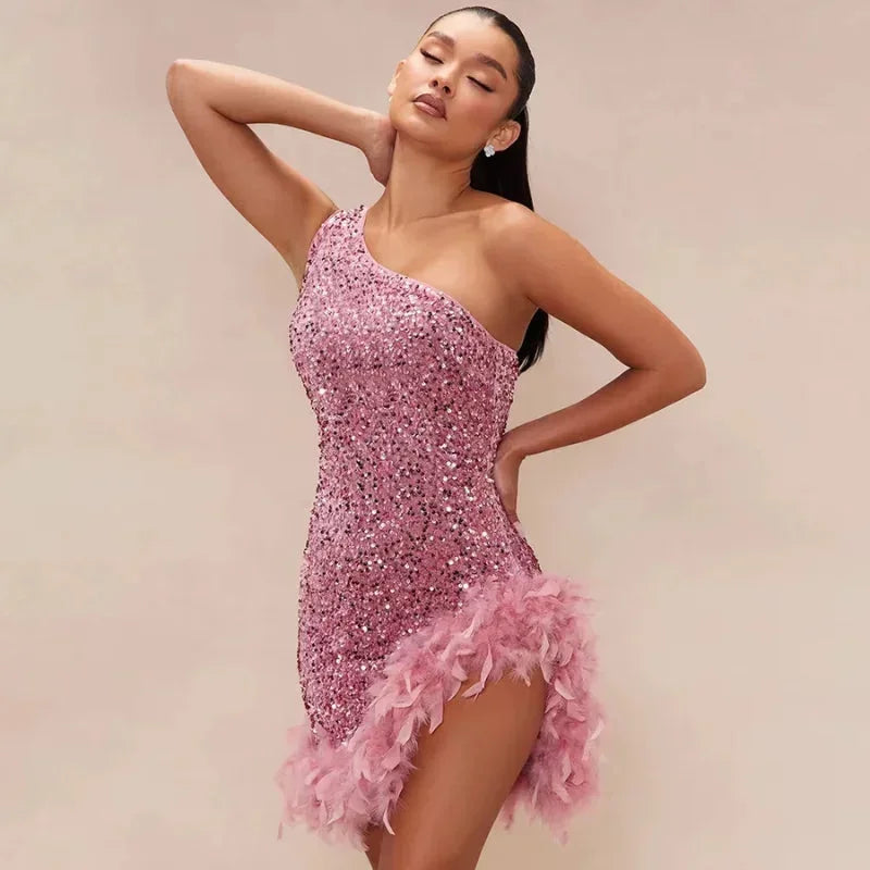 Robe Courte Asymétrique Femme Sequins et Plumes Clubbing