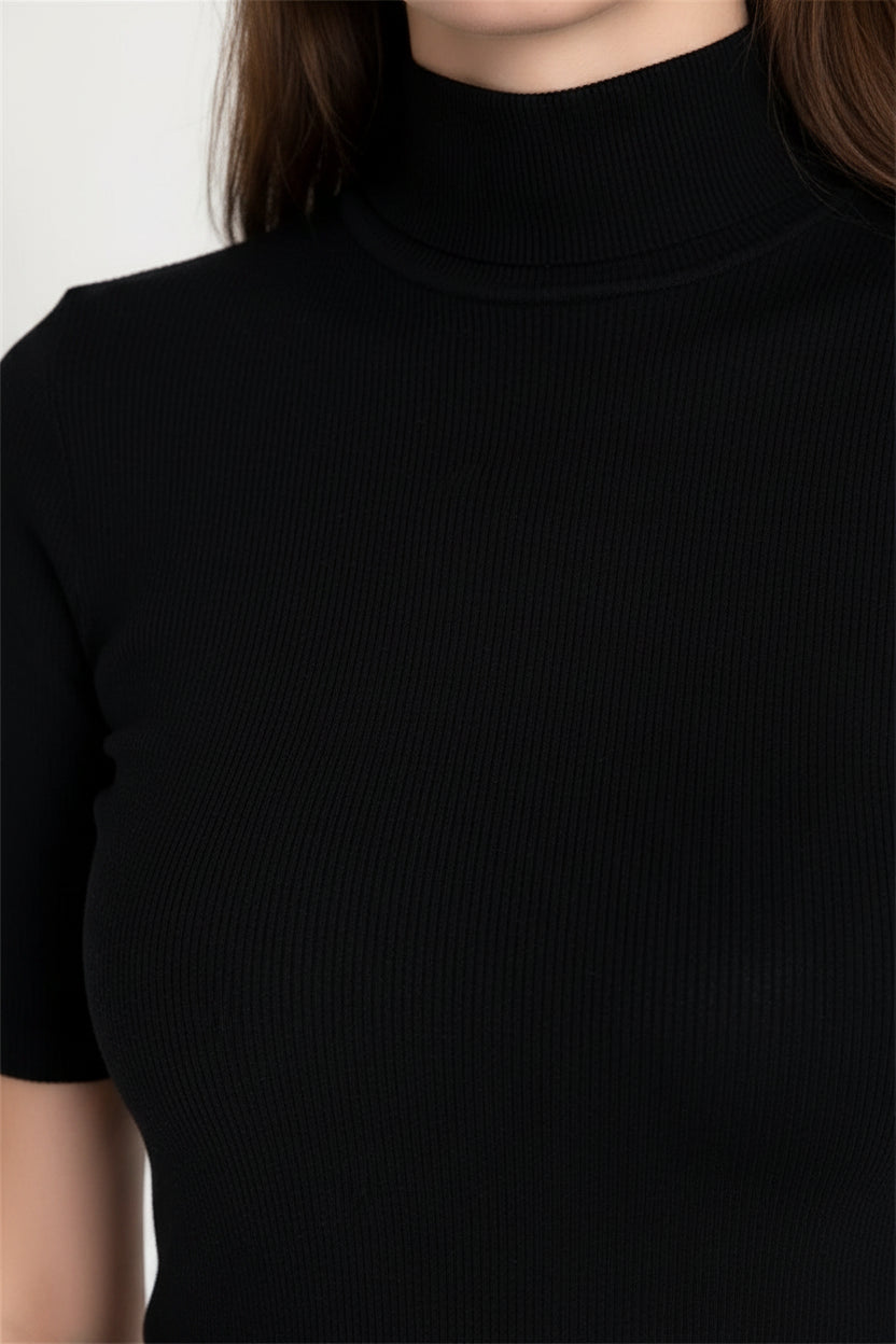 Robe Courte Bicolore Col Roulé Manches Courtes Femme | Moulante Chic Moderne | ROBEMODE