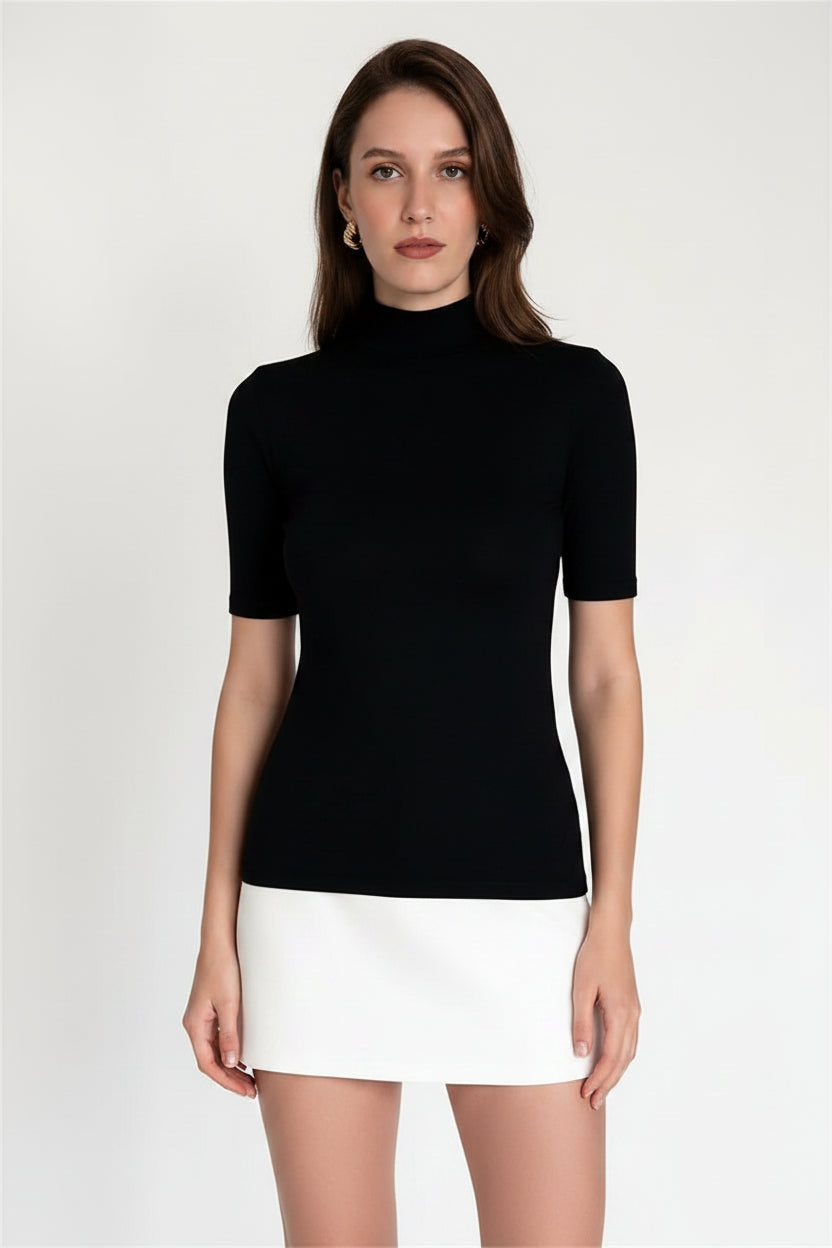 Robe Courte Bicolore Col Roulé Manches Courtes Femme | Moulante Chic Moderne | ROBEMODE