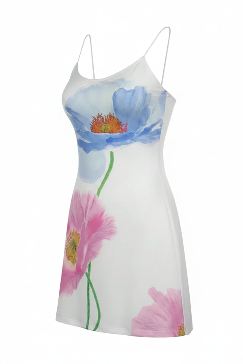 Robe courte femme blanche motifs floraux colorés fines bretelles | Coupe féminine + Style élégant + Facile à accessoiriser – ROBEMODE