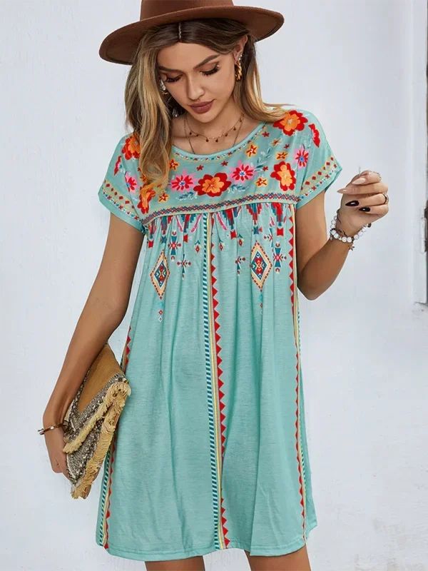 Robe courte bohème femme brodée manches courtes estivale | ROBEMODE