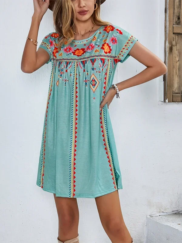 Robe courte bohème femme brodée manches courtes estivale | ROBEMODE