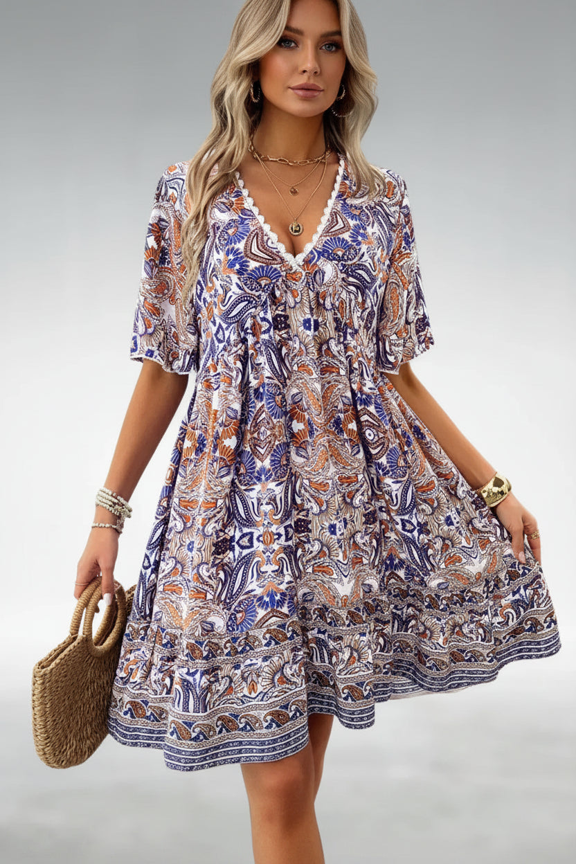 Robe Courte Bohème Imprimé Été Manches Courtes 4 Coloris | ROBEMODE