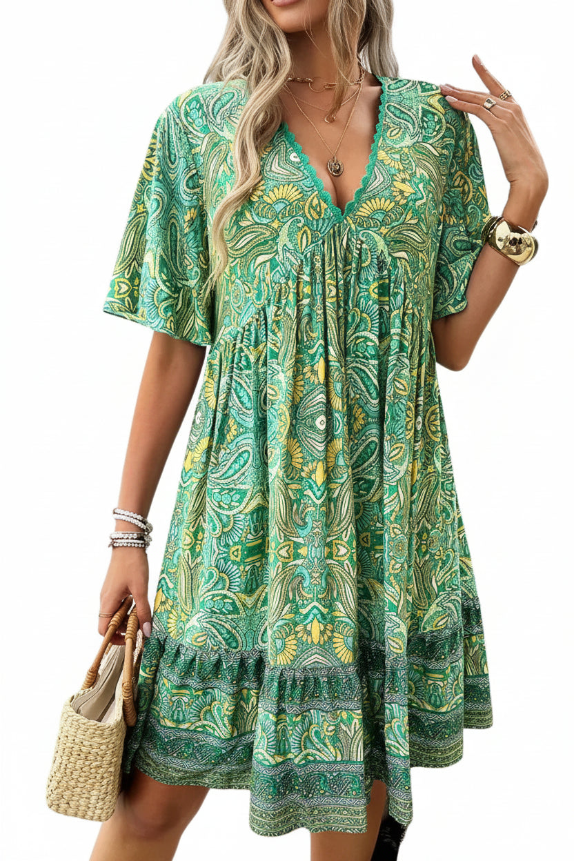 Robe Courte Bohème Imprimé Été Manches Courtes 4 Coloris | ROBEMODE