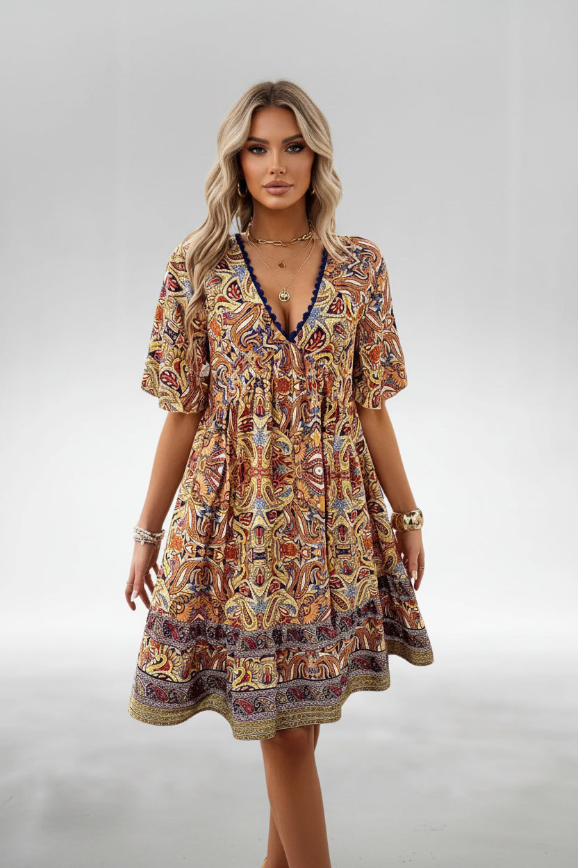 Robe Courte Bohème Imprimé Été Manches Courtes 4 Coloris | ROBEMODE