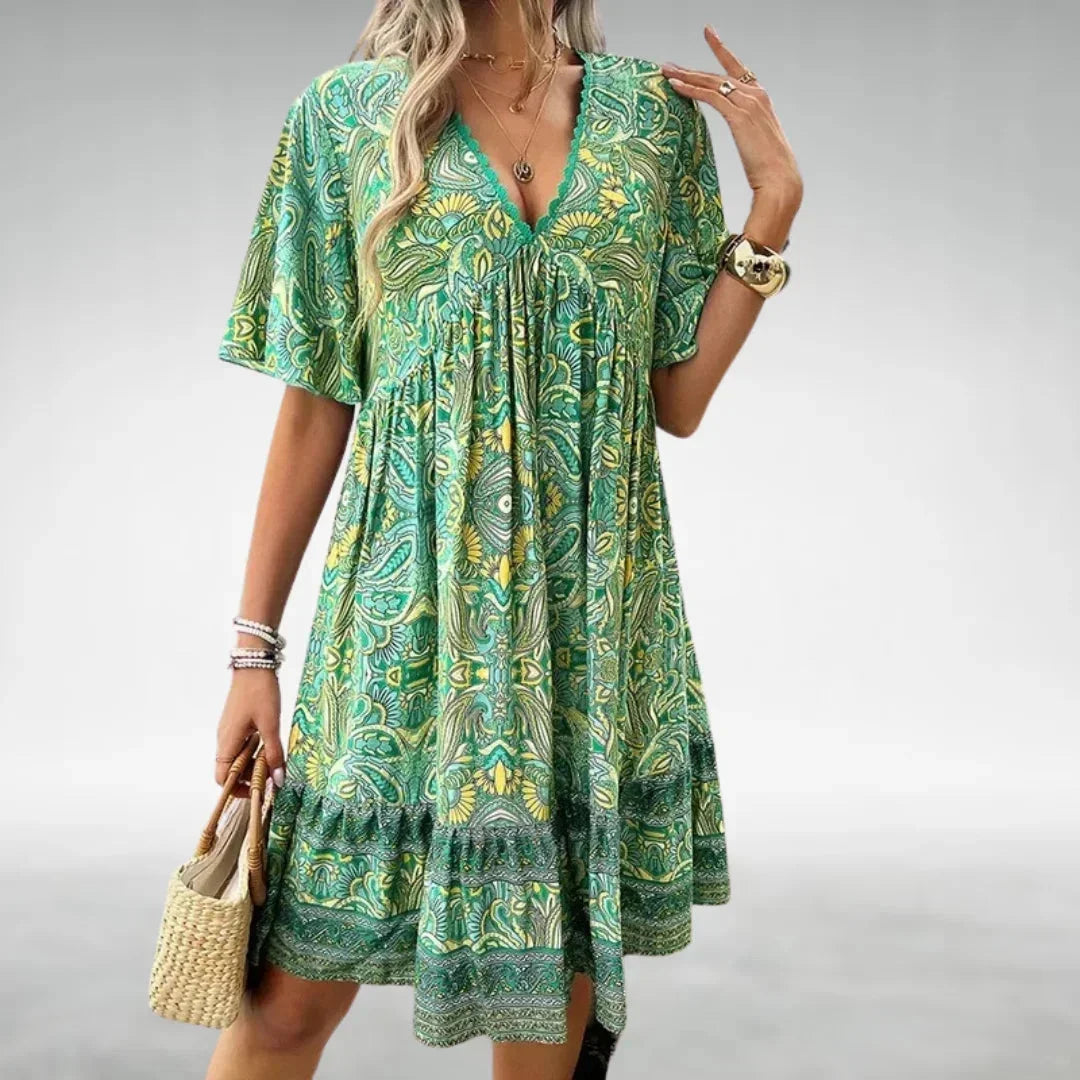 Robe courte bohème à imprimé floral avec col cordon