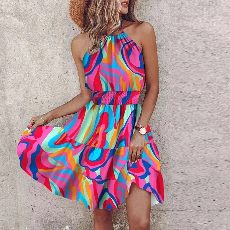 Robe courte femme bohème évasée à motifs dos nu | ROBEMODE