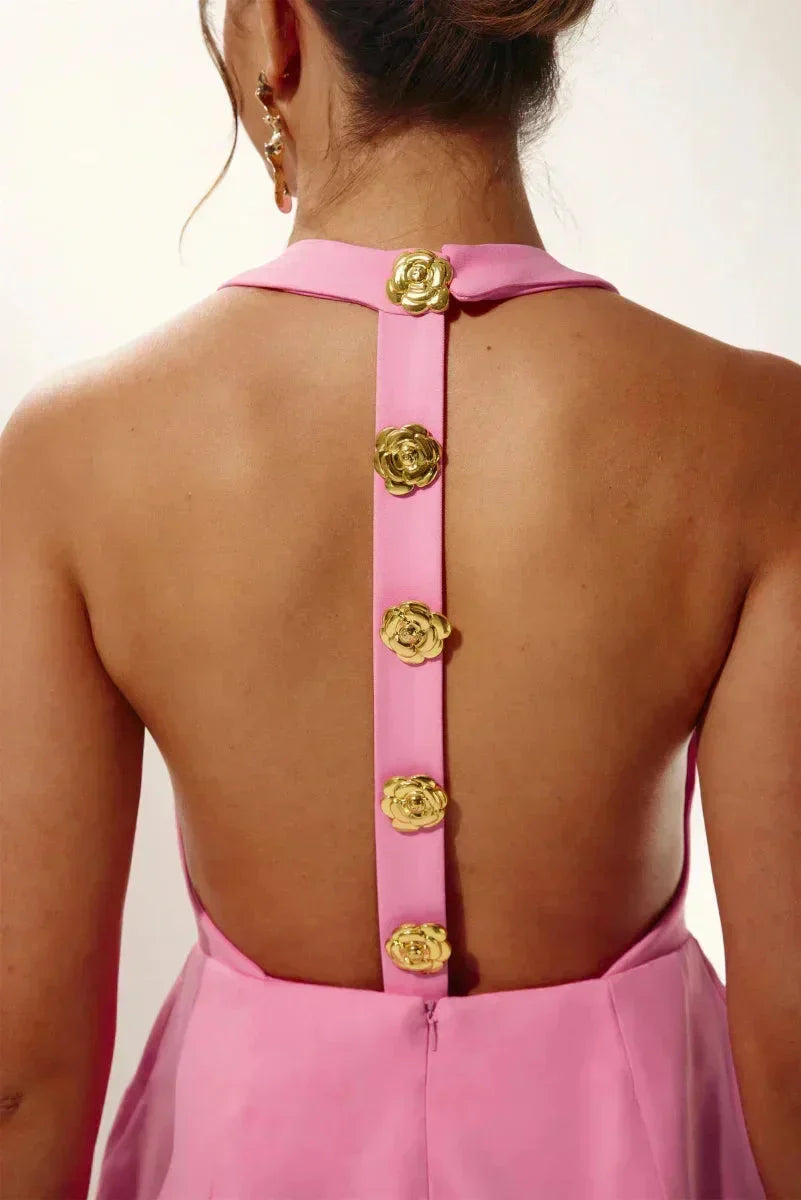 Robe Courte Soirée Col Halter Boutons Décoratifs 2 Coloris | ROBEMODE