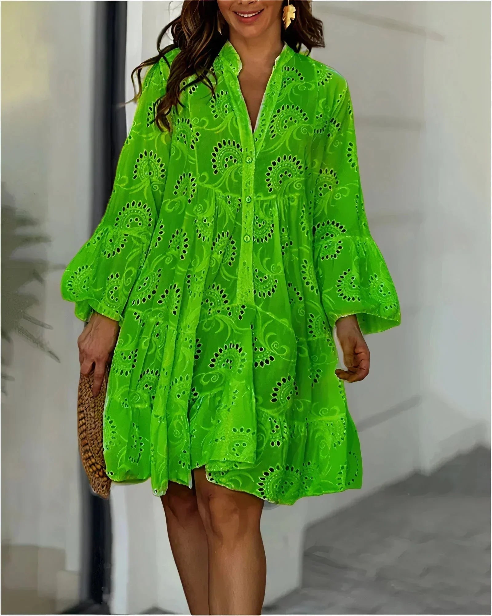 Robe Courte Broderie Anglaise Volants Manches Longues 5 Coloris | ROBEMODE
