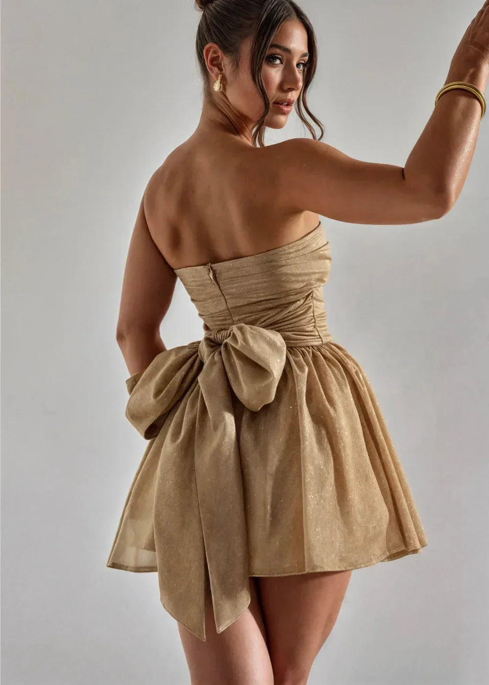 Robe courte bustier nœud effet pailleté 2 coloris | ROBEMODE