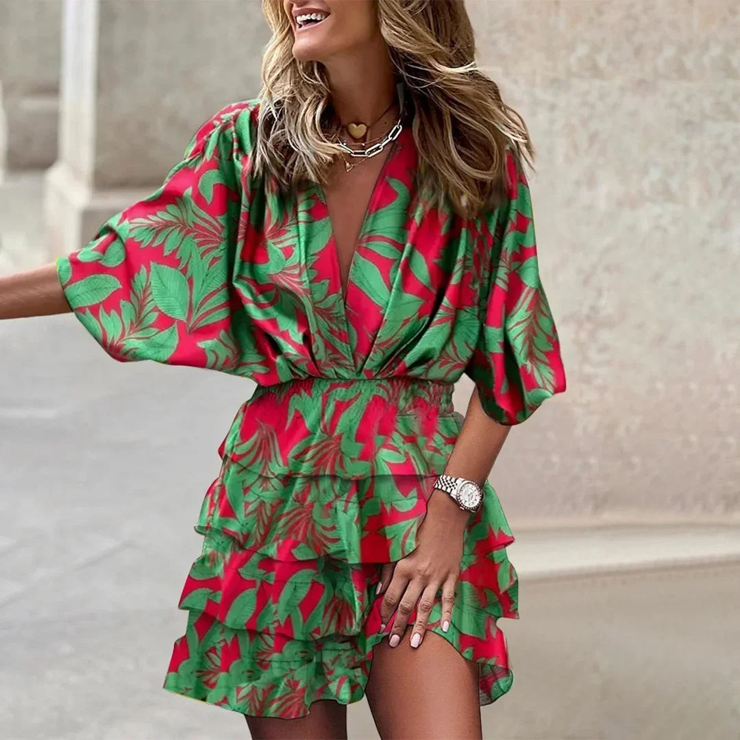 Robe Courte Manches Évasées Motifs Estivaux 5 Coloris | ROBEMODE