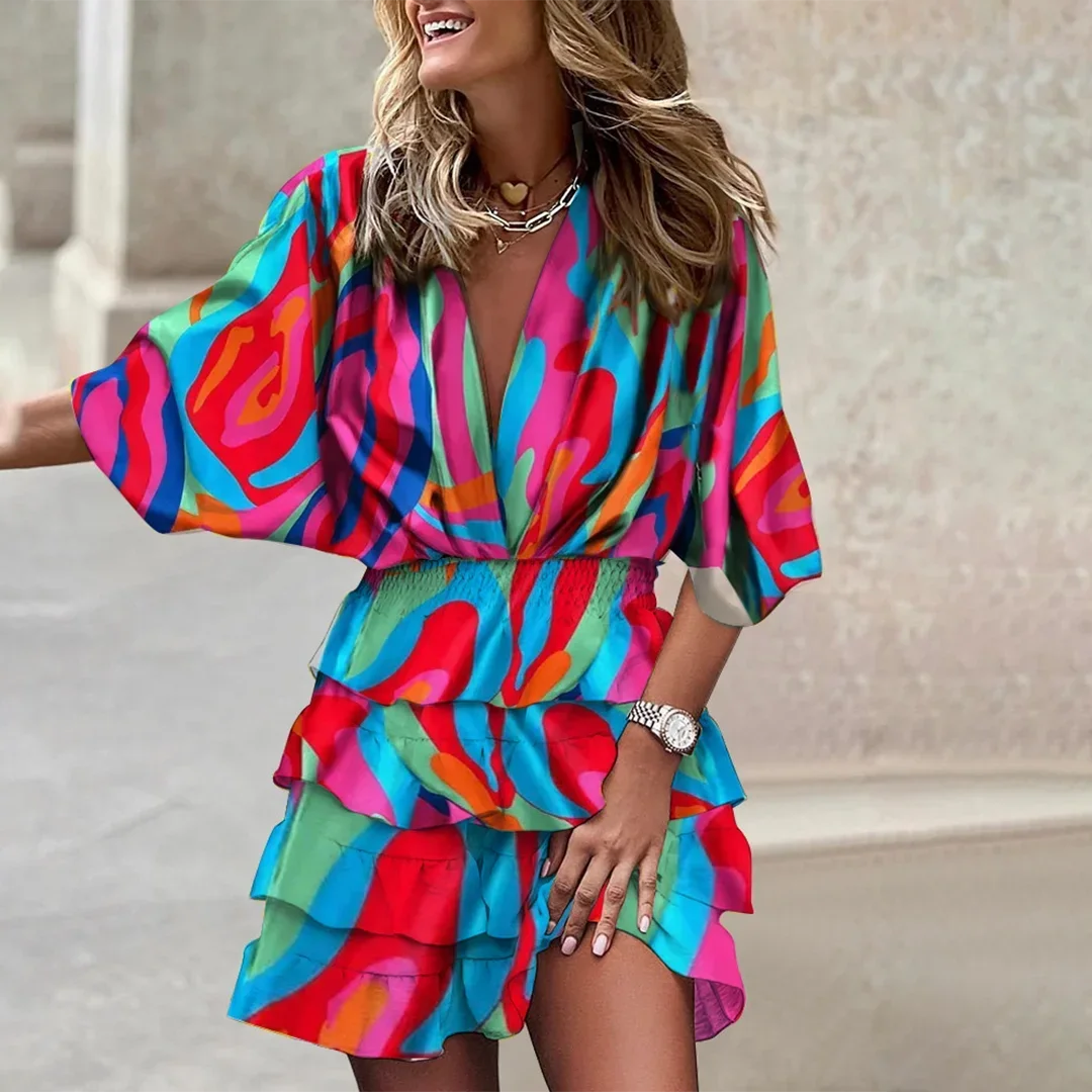 Robe Courte Manches Évasées Motifs Estivaux 5 Coloris | ROBEMODE