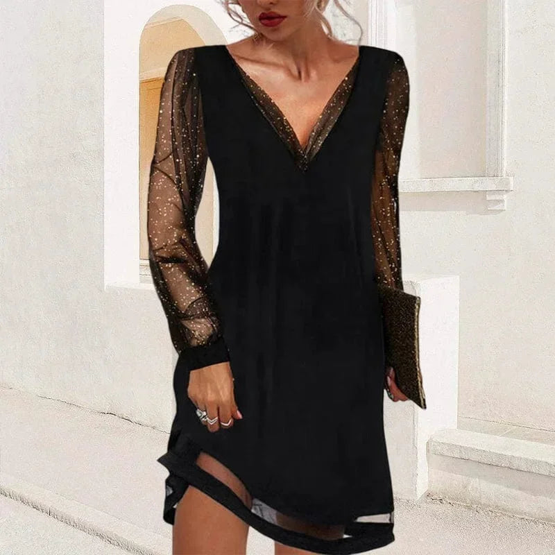 Robe Courte Col V Manches Transparentes Soirée 3 Coloris | ROBEMODE