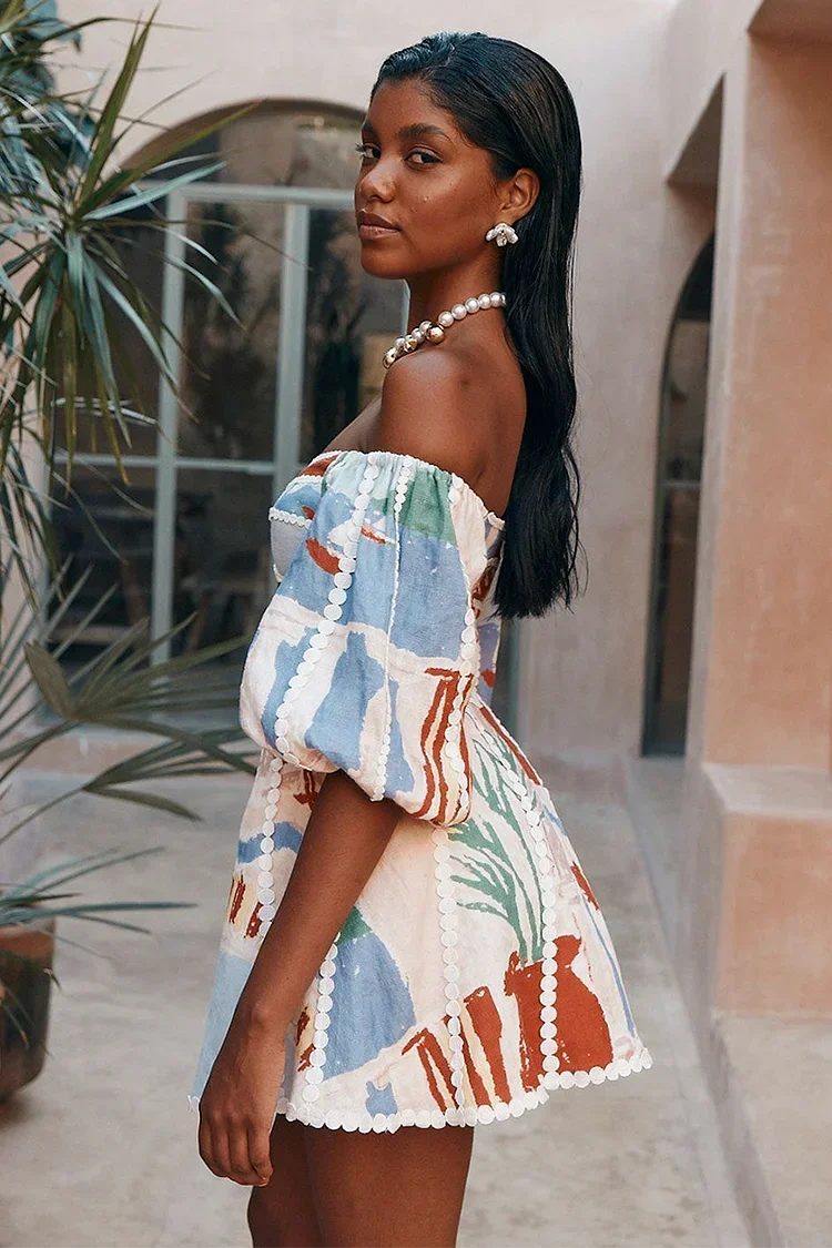 Robe Courte Fleurs Manches Bouffantes Colorée | ROBEMODE