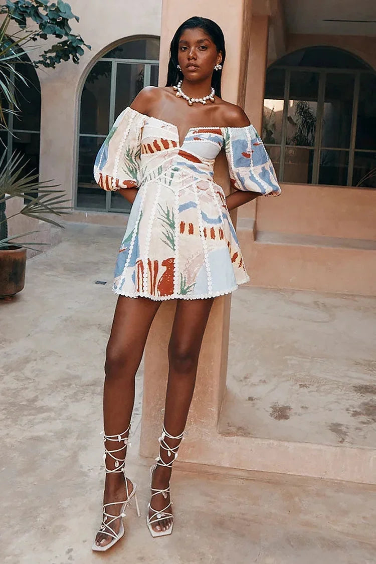 Robe Courte Fleurs Manches Bouffantes Colorée | ROBEMODE