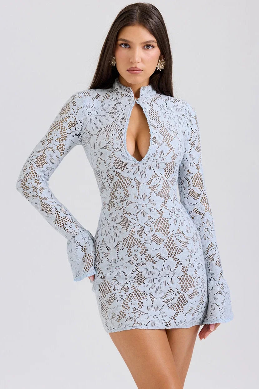 Robe Courte Femme Soirée Dentelle Col Haut Décolleté | ROBEMODE
