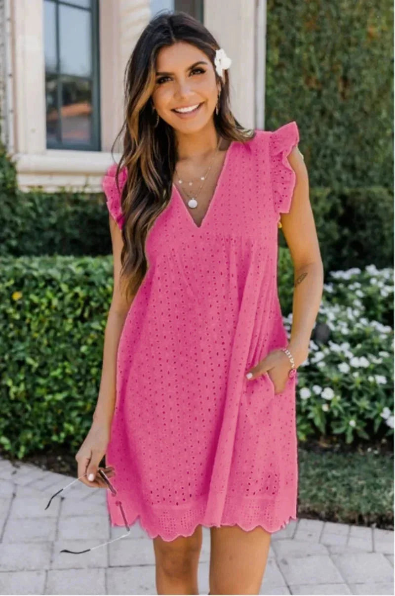 Robe courte femme en dentelle col V pour l'été | ROBEMODE