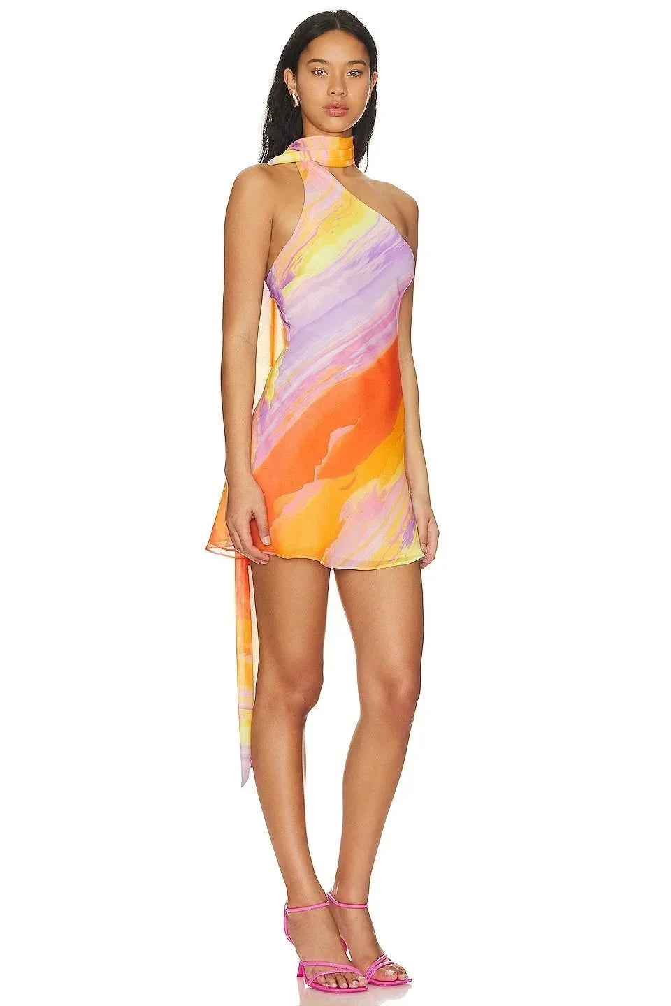 Robe Courte Femme Dégradé Orange Col Licou Asymétrique Été | ROBEMODE