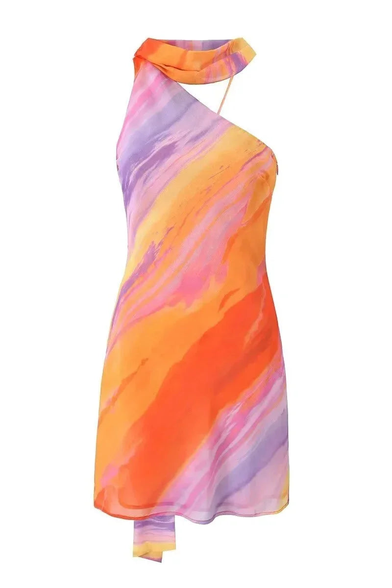 Robe Courte Femme Dégradé Orange Col Licou Asymétrique Été | ROBEMODE