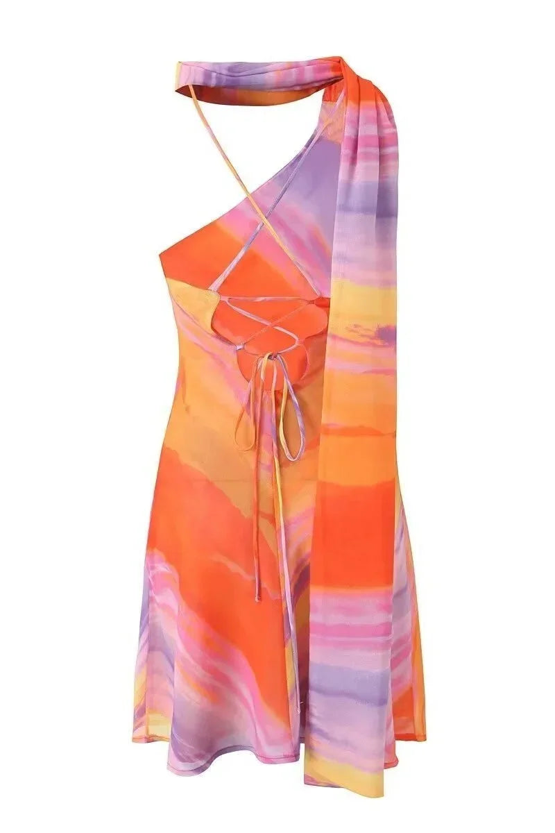 Robe Courte Femme Dégradé Orange Col Licou Asymétrique Été | ROBEMODE