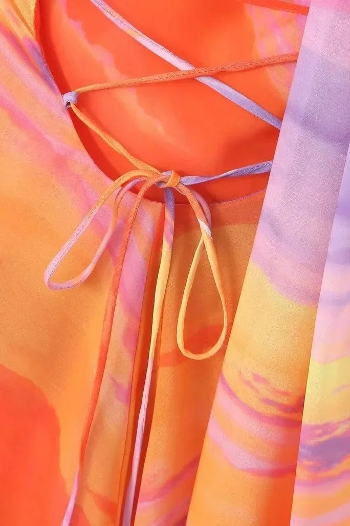 Robe Courte Femme Dégradé Orange Col Licou Asymétrique Été | ROBEMODE
