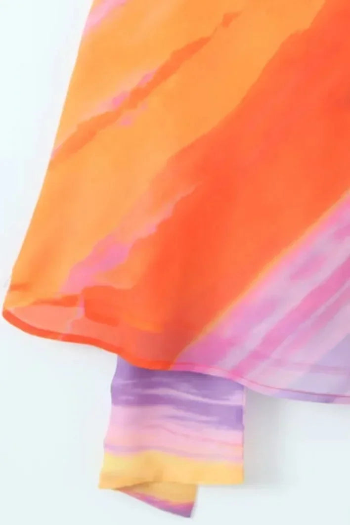 Robe Courte Femme Dégradé Orange Col Licou Asymétrique Été | ROBEMODE