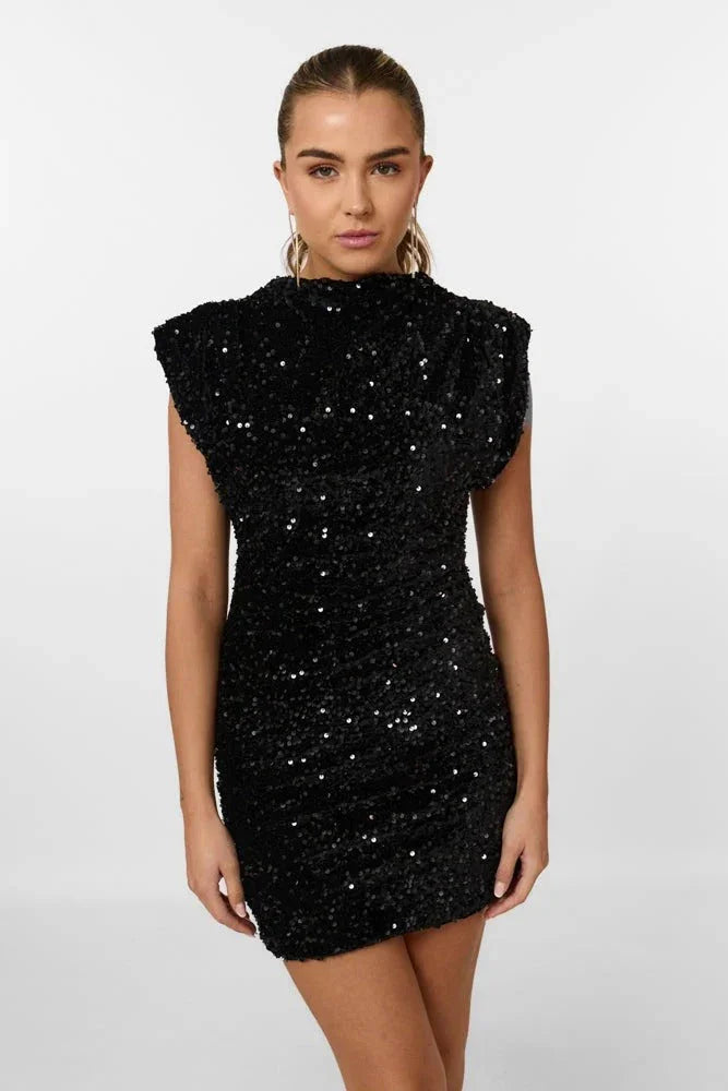 Robe Courte Femme à Sequins Épaulettes | Argent ou Noir + Glamour + Soirée XS-L | ROBEMODE