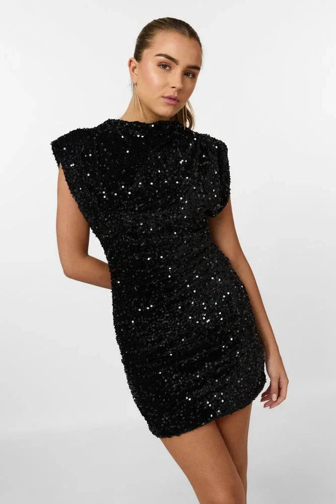 Robe Courte Femme à Sequins Épaulettes | Argent ou Noir + Glamour + Soirée XS-L | ROBEMODE